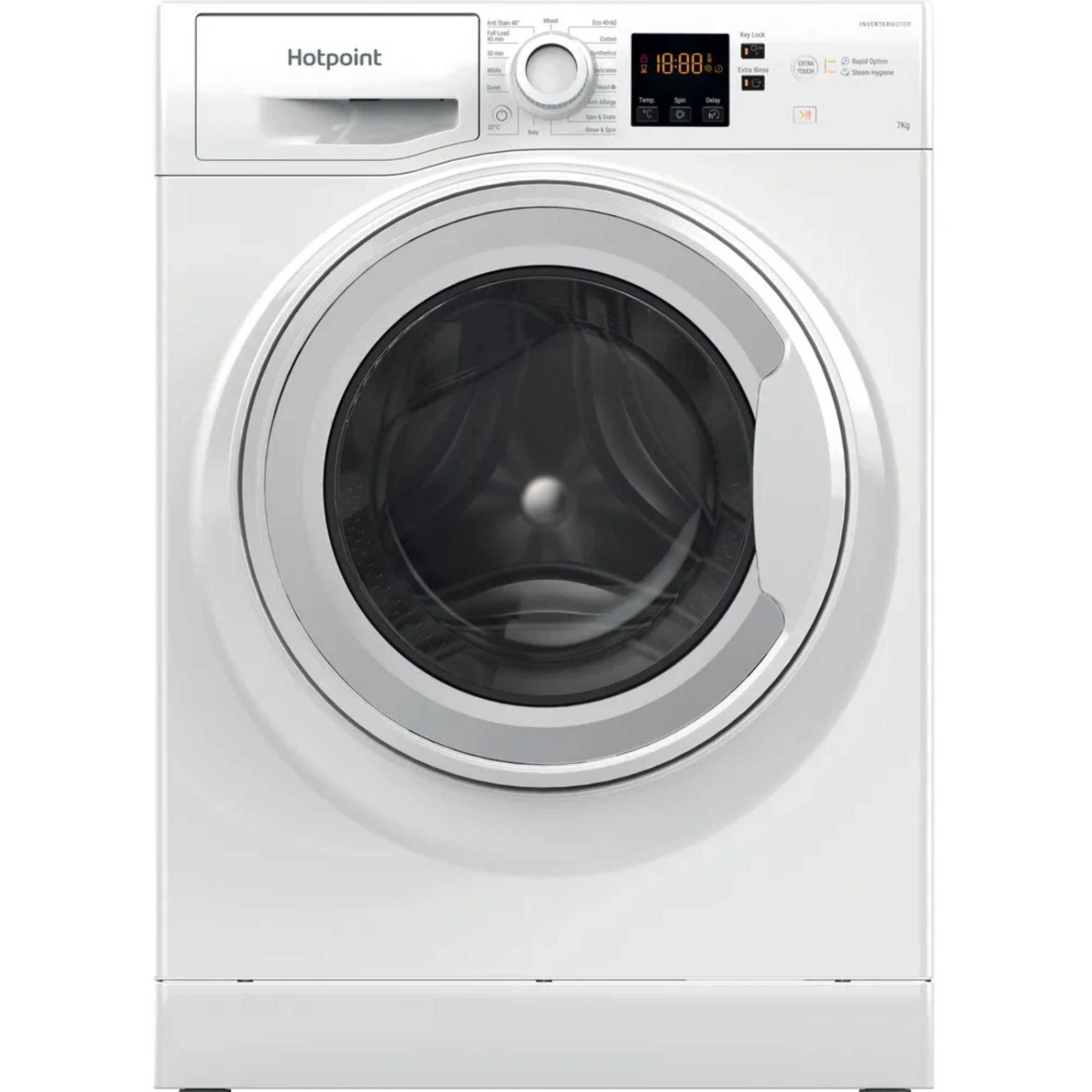 Hotpoint NSWF7469WUK white washing machine, front view